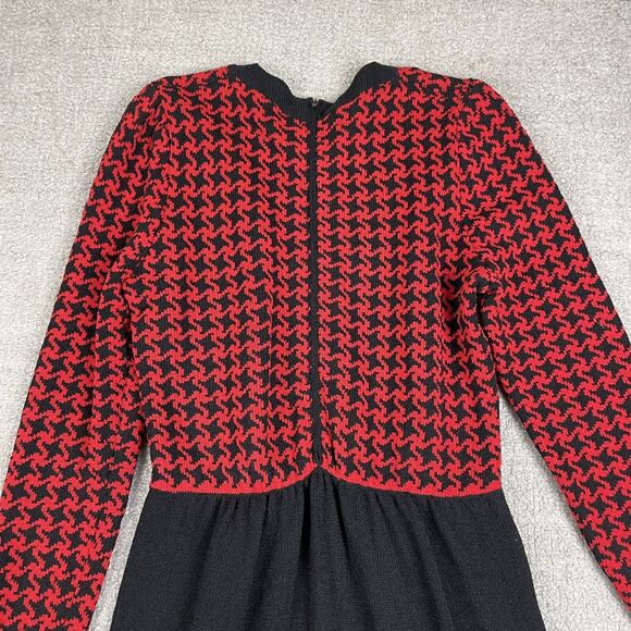 Vintage 1960s Pat Sandler Houndstooth Black Red Knit Midi Sweater Dress US 12 - Picture 9 of 16